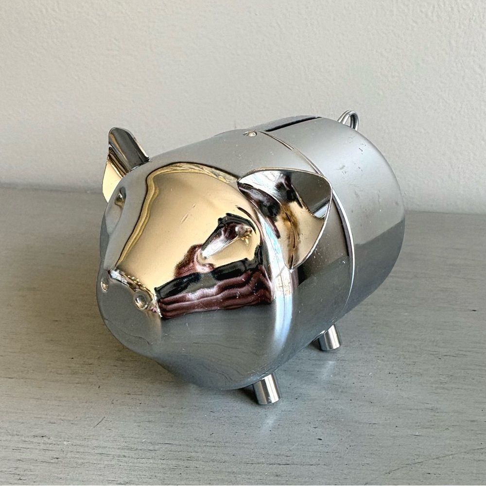 VTG Retro Metal Shiny Chrome Silver Tone Coin Piggy Bank Collectible Child Youth - Picture 4 of 8